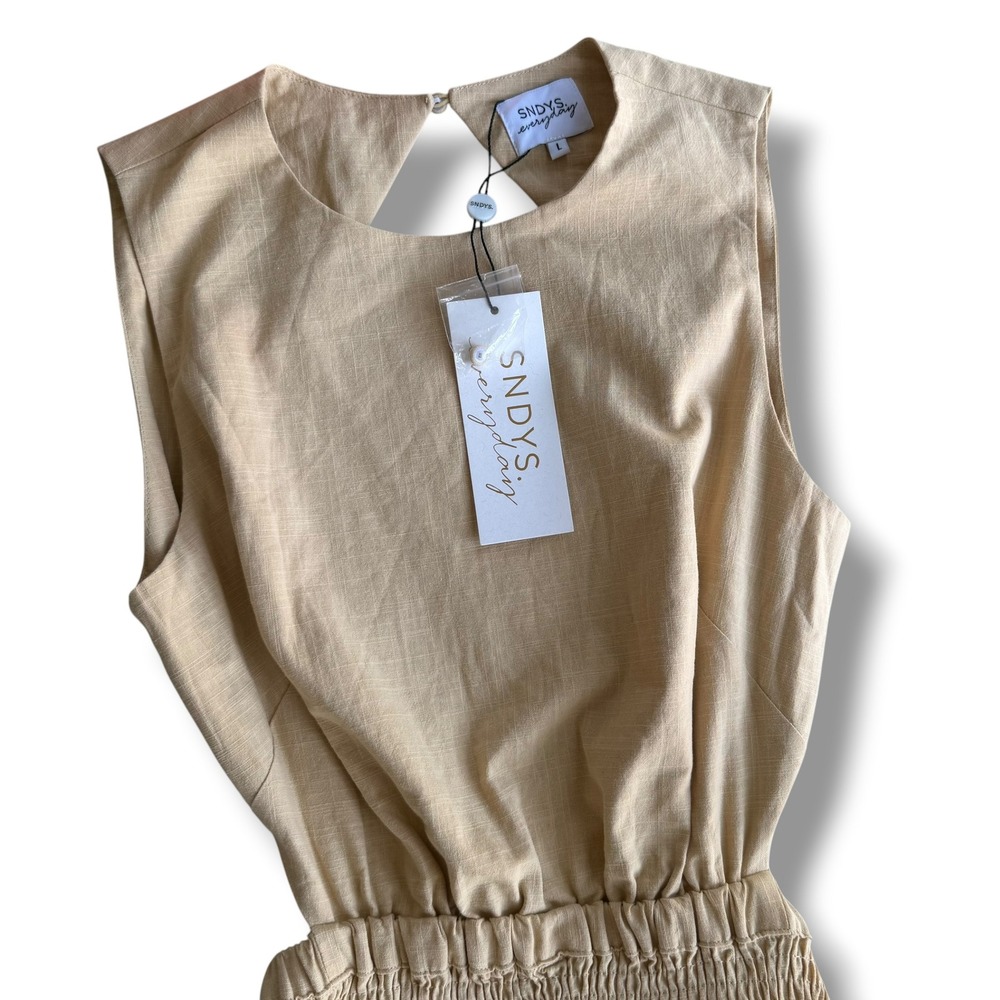SNDYS Everyday Women's L Oat Tan Cotton Smocked Open Back Maxi Lottie Dress NEW